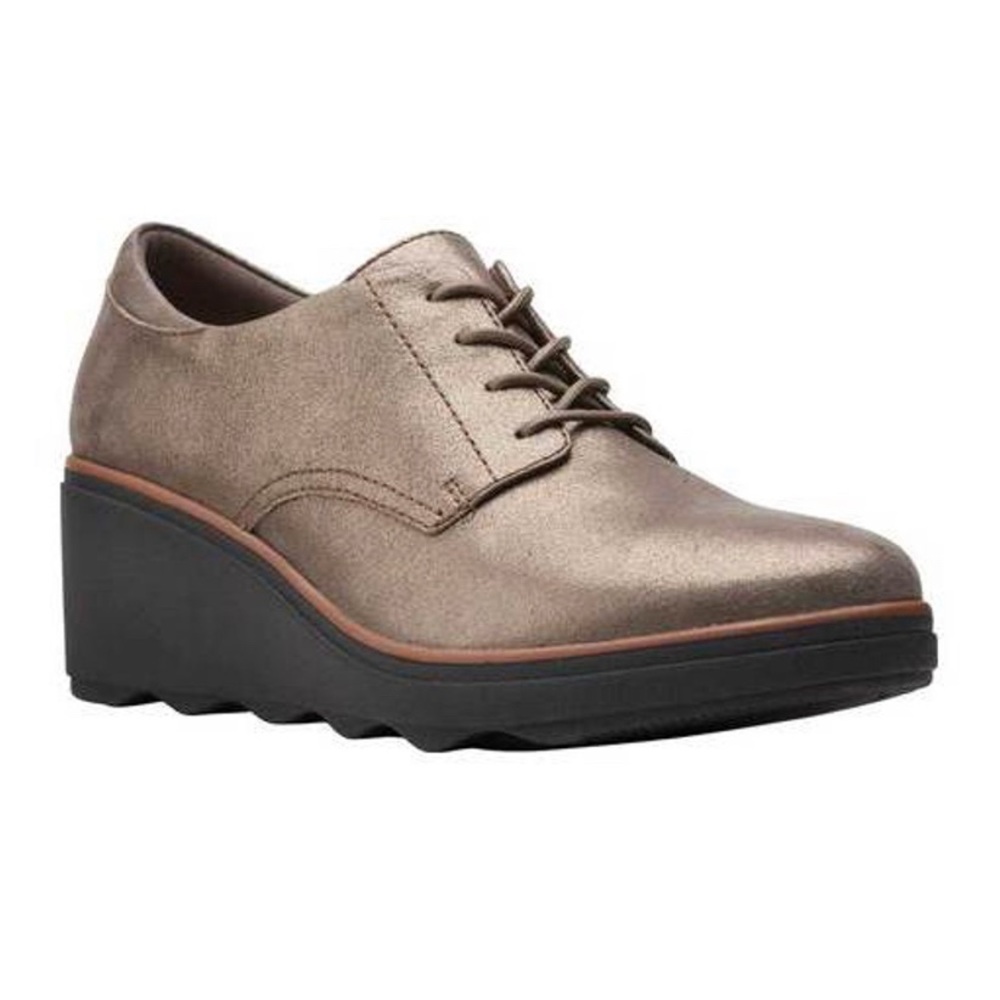 New - Clarks Womens Mazy Hyannis - Metallic Leather Dress Wedge - Size 6.5M